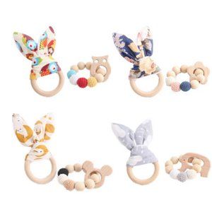 BabyTeething Ring 2 Piece Set~ Bear, Elephant, Owl, Bird or Flower, Beech Wood